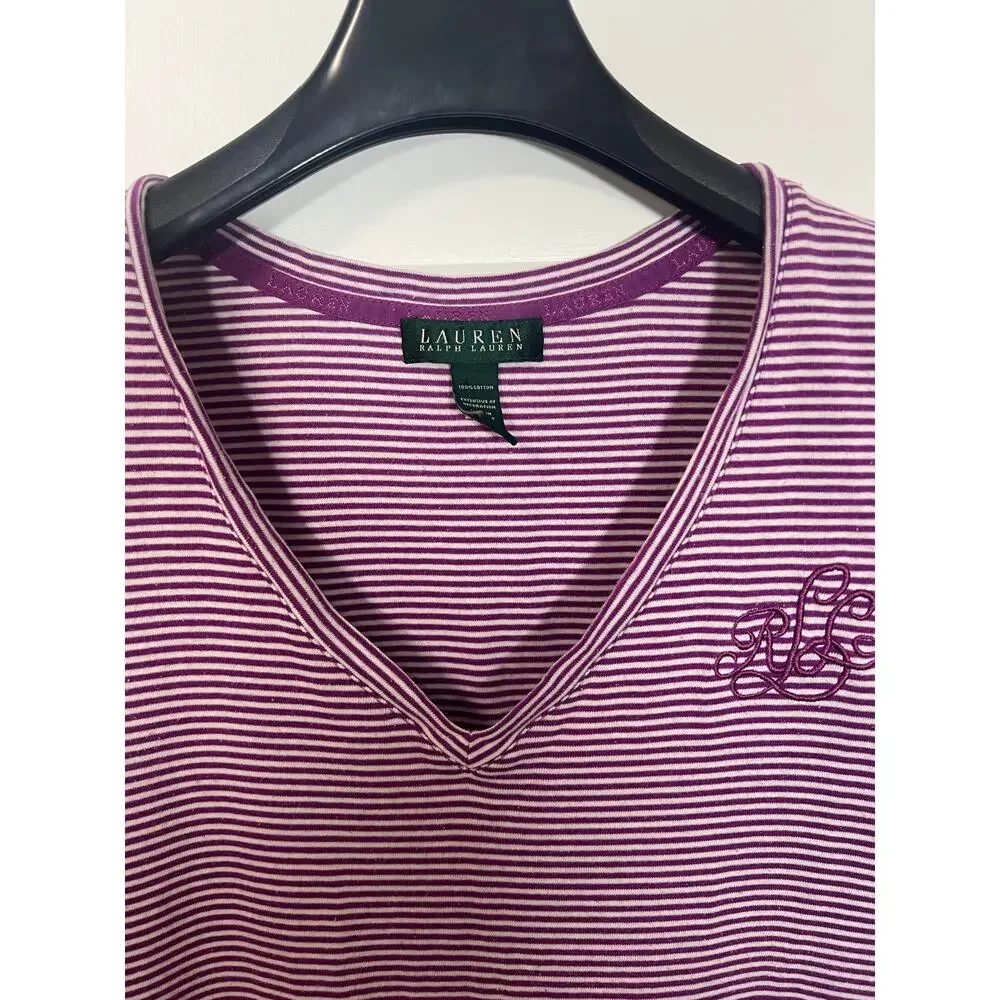 Lauren Ralph Lauren Women's Size M Purple White Stripe V-neck Cotton Tee Dress - Picture 7 of 8